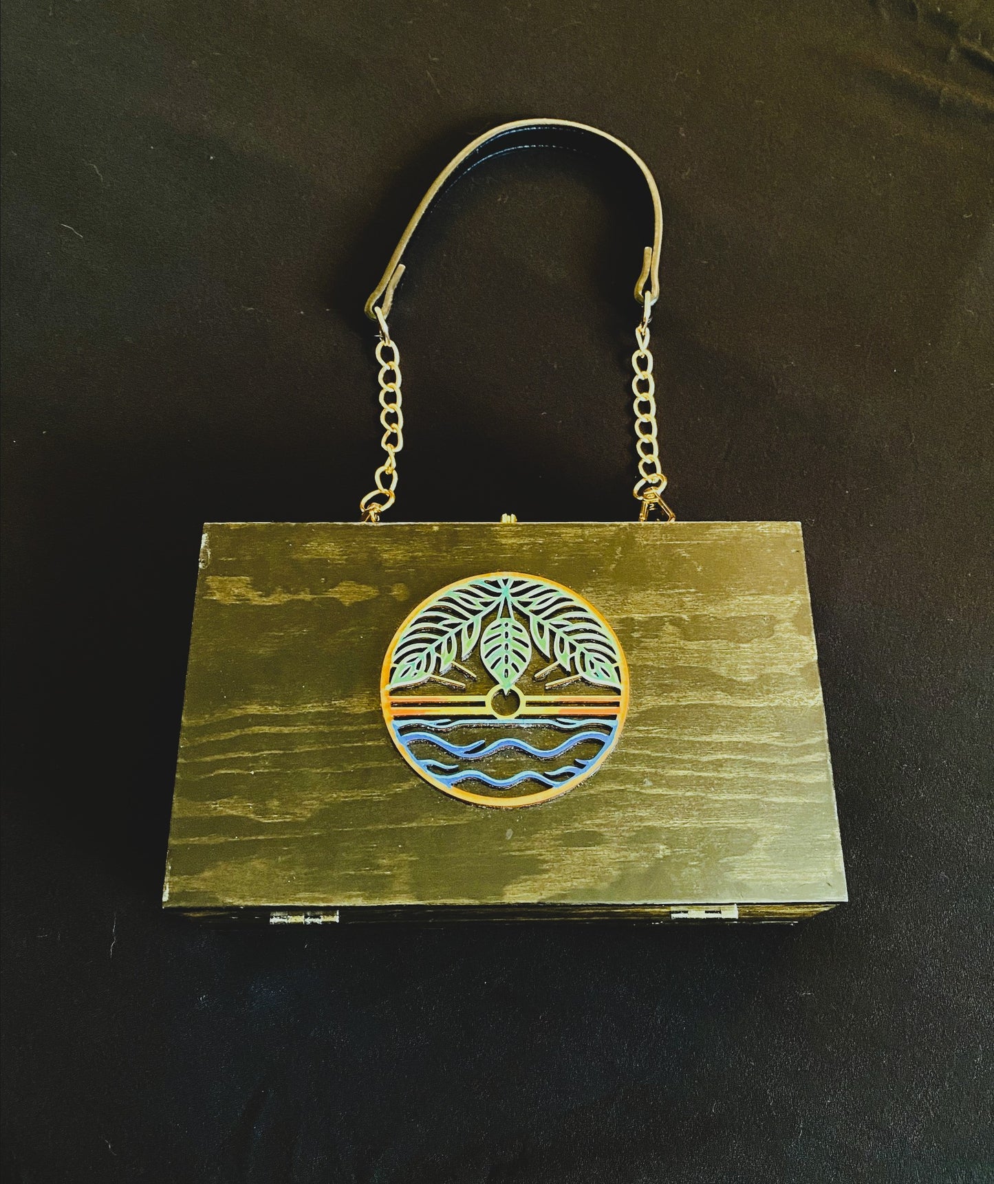 Box Purse Black with Tropical Emblem