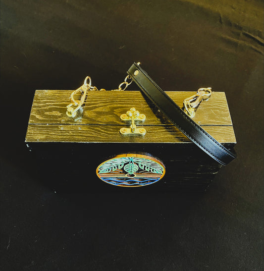 Box Purse Black with Tropical Emblem